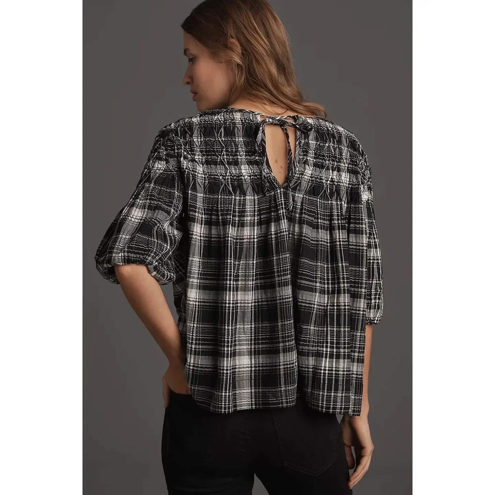 Pilcro Anthropologie Rory Puff-Sleeve Smocked Navy Plaid Blouse Size S Preppy
